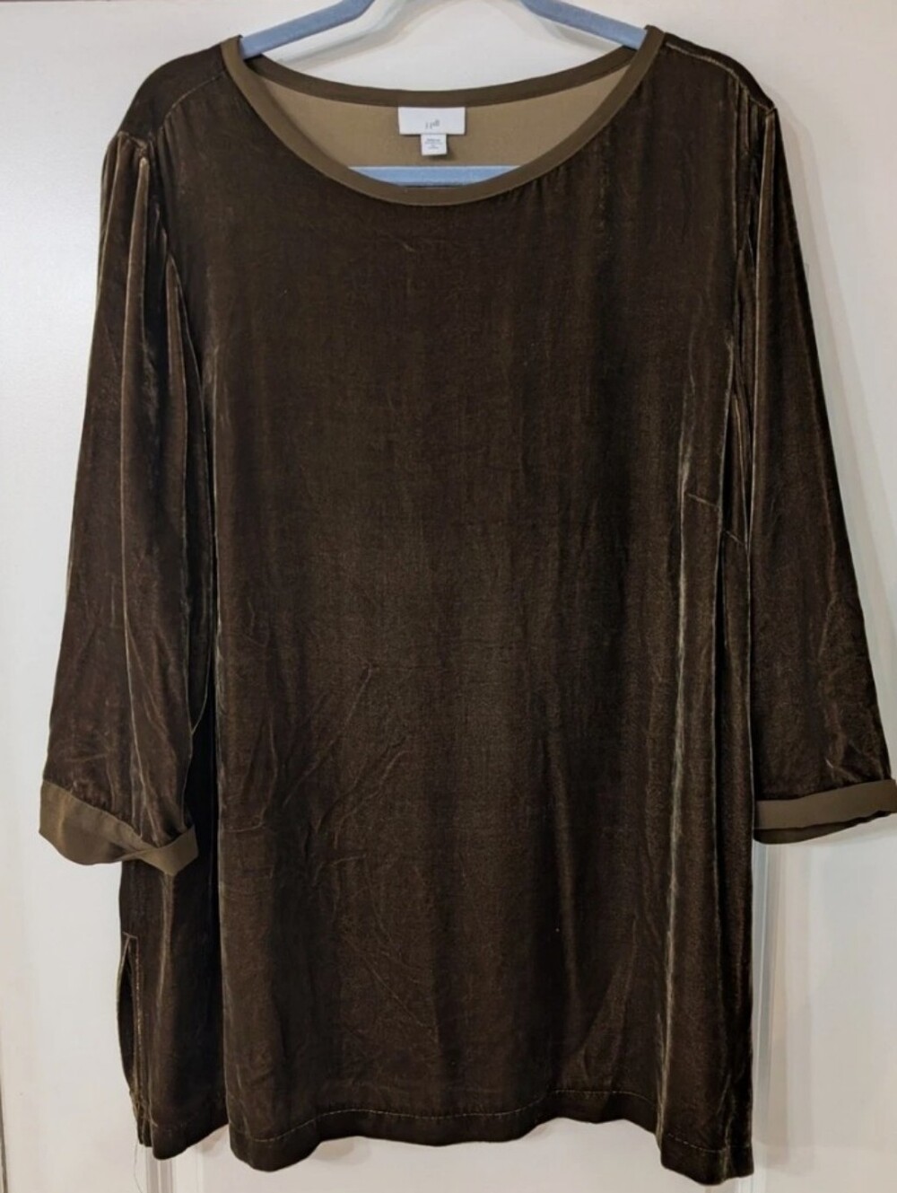 J. Jill Velvet Silk Blend Tunic Top Brown Olive 3/4 Sleeve XL Petite burnout